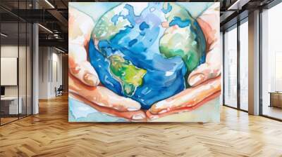 A watercolor painting depicting two hands gently holding a blue earth, symbolizing care for the planet on World Health Day. Copy space. Banner. Background. Wall mural