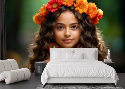 A young Mexican girl wearing a colorful floral crown and traditional attire smiles gently while surrounded by a beautifully vibrant garden in daylight, copy space Wall mural