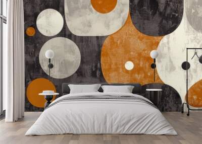 Abstract geometric pattern with orange, white, black, and gray circles and shapes on a gray background Wall mural