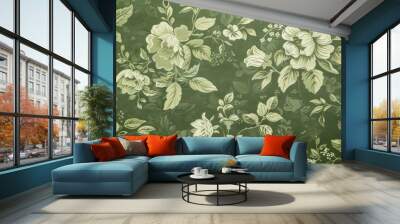 Classic green floral wallpaper featuring white flowers in vintage style, background Wall mural