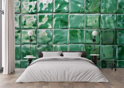 Detailed view of a glossy green ceramic tile wall with clean and reflective surfaces, background, wallpaper Wall mural