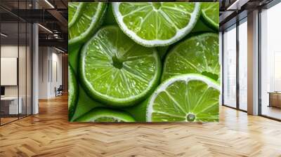 Detailed view of vibrant lime slices arranged on a bright green surface, showcasing freshness and vivid colors. Background. Wallpaper. Wall mural