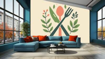 Flat style illustration of a vegan icon with a fork and knife crossed behind it, accompanied by a leaf Wall mural