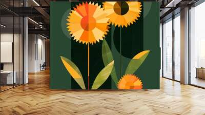 illustration of three geometric sunflowers on a green background, retro flat style Wall mural