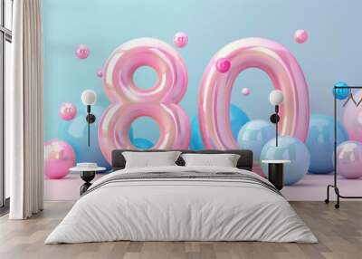 Realistic glossy number 80 in 3D style imitation is surrounded by pink and blue balloons, birthday mood Wall mural