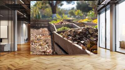 sunlit compost area with organic waste in the foreground, surrounded by garden beds. background. cop Wall mural