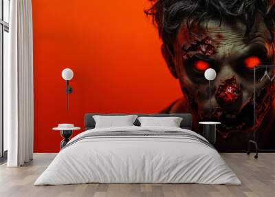 This Halloween concept features a ghoulish character with glowing red eyes and a distressed face, perfect for adding a spooky touch to festive designs, copy space Wall mural