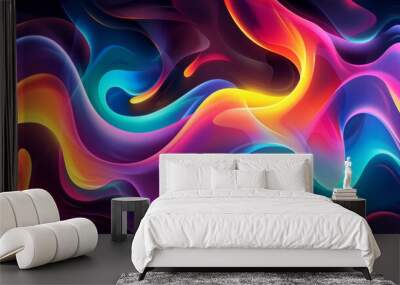 Vibrant shapes intertwine in a playful dance of color, evoking a retro vibe with their fluid motion against a dark background Wall mural