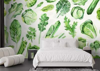 Watercolor pattern featuring various green vegetables on a white background Wall mural