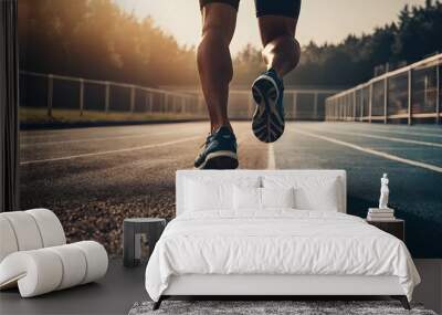 an athlete, runner running on track closeup of shoe, feet. sports and fitness background Wall mural