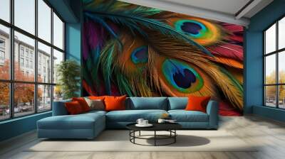 Colorful peacock feathers texture background, closeup, wallpaper Wall mural