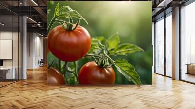 fresh red tomatos grows on green plant, in greenhouse, garden background. home grown tomato Wall mural