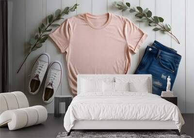 Pink tshirt mockup with shorts, shoes and leaves on wooden background. Minimal Tshirt design template Wall mural