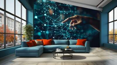 A doctor's hand using a next generation technology screen, touching digital data network connections for future analytics. Wall mural