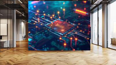 Abstract technology background of a computer system with processor and electronic circuit. Artificial neurons, data connections, quantum computing. Wall mural