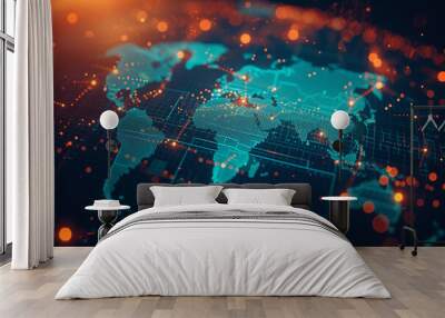 Abstract world map concept - global business network and connections, international data transfer and cyber technology. Wall mural