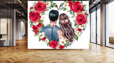 A Watercolor Couple Encircled in Floral Heart Wall mural