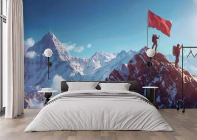 Two Hikers Reaching the Summit with a Red Flag Wall mural