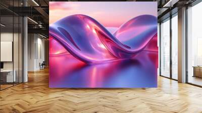 A flowing, translucent wave of vibrant pinks and purples reflects a surreal sunset, merging light and fluidity in a serene, dreamlike landscape of smooth motion and shimmering hues. Wall mural