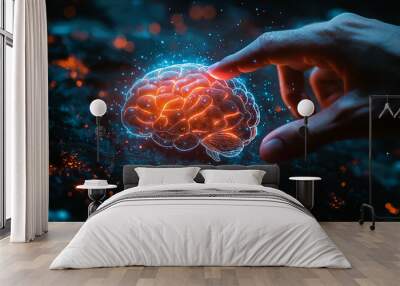 A hand touching an artificial intelligence concept of human brain on a touchscreen Wall mural