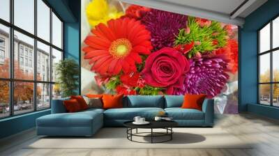 A mixed of red daisy, red roses and purple chrysanthemums as bouquet of flowers Wall mural