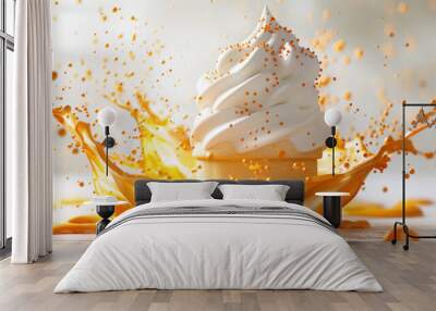 A vanilla ice cream with tiny sprinkles and explosion of orange cream with white background Wall mural