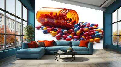 An orange prescription bottle with colorful pills with various shapes and sizes spilling on a white isolated background Wall mural