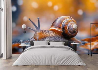 Closeup of a brown snail moving slow on the ground Wall mural