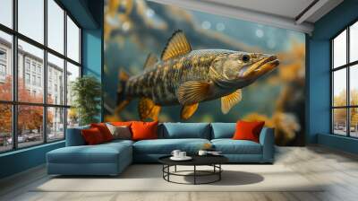 Closeup of a walleye fish swimming underwater inside a freshwater lake Wall mural