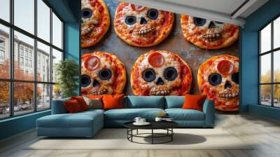 Small round pizzas with cheese, pepperoni and black olive to resemble skull Wall mural