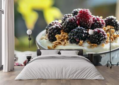 A bowl of yogurt topped with blackberries and granola, showcasing a healthy snack option. Wall mural