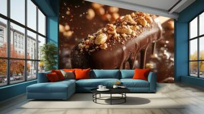 A close-up of a chocolate-covered ice cream bar topped with nuts, dripping with chocolate. Wall mural