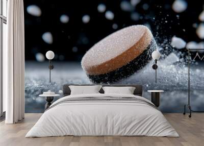 A close-up of a hockey puck gliding over ice, surrounded by snow-like particles. Wall mural