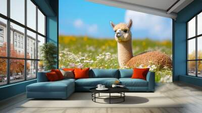 A cute alpaca resting in a vibrant flower field under a blue sky. Wall mural