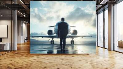 A person walks towards a private jet on a runway, illuminated by sunlight and clouds. Wall mural