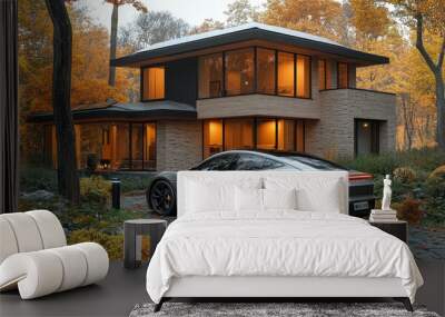 A sleek car parked beside a modern house in a serene autumn landscape. Wall mural