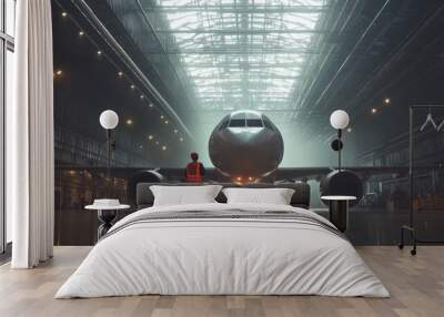 A technician stands before a large aircraft in a well-lit hangar, emphasizing aviation maintenance. Wall mural