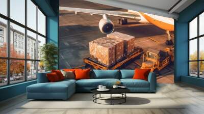 cargo plane soaring through blue skies with containers secured in its belly, transporting air freigh Wall mural