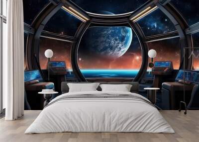 Futuristic Space Station Interior with Sleek Technology and Endless Stars Visible Through the Window, Floating in the Milky Way Wall mural