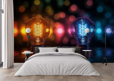 Two light bulbs glowing in warm and cool tones against a colorful bokeh background. Wall mural