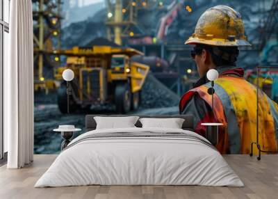 Workers in hard hats and safety vests operate heavy machinery in a coal mine, showcasing the skilled workforce needed in the industry Wall mural