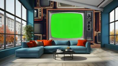 Retro tv set with blank green screen mockup on wooden table. Generative AI. Wall mural