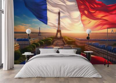 French flag with Paris 2024 summer olympic games logo, Eiffel tower in Paris France panorami  Wall mural