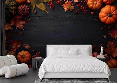 A dark wooden background featuring an autumn border frame of leaves, pumpkins, and berries around Wall mural