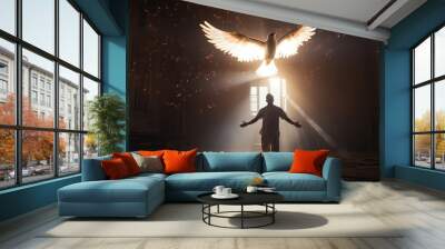 A man standing with the flying Holy Spirit in divine lights Wall mural