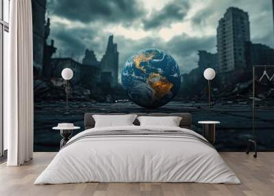 A post-apocalyptic city skyline with an Earth globe in the foreground symbolizing a damaged planet Wall mural