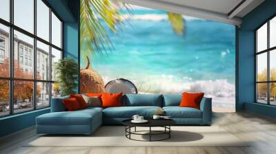 Coconut on tropical white sand with clear ocean water Wall mural