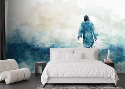 Jesus Christ walking on the water. In the style of watercolor art Wall mural