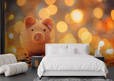 Piggy bank sitting on a pile of golden coins Wall mural