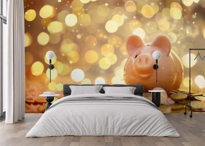 Savings concept with piggy bank and coins Wall mural